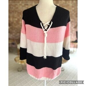 Sweater Striped Pink Black White Tie Front Nautical 8 Casual Preppy Lunch Work